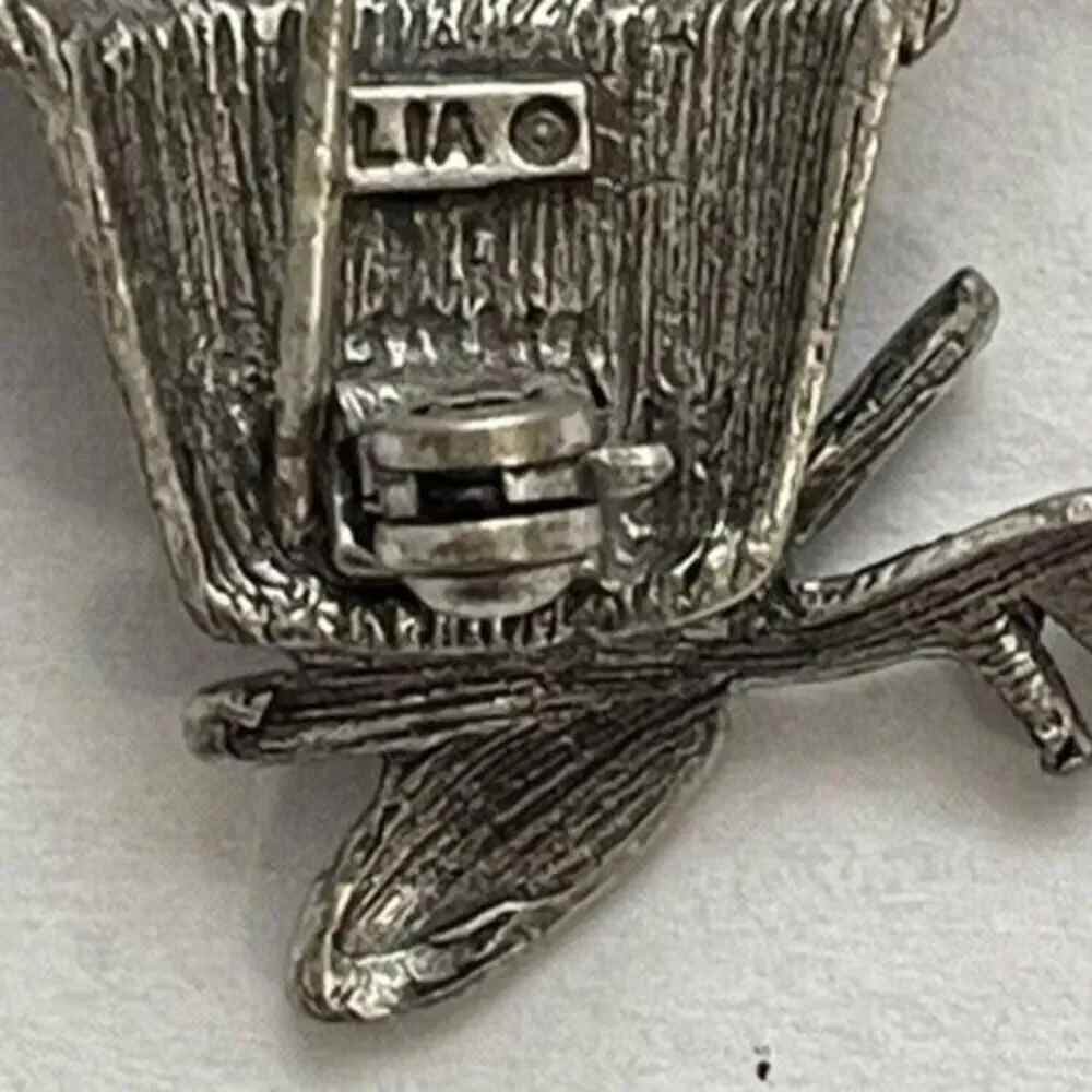 Vintage Signed Lia Flower in Pot with Gardening Tools Brooch Silver Tone